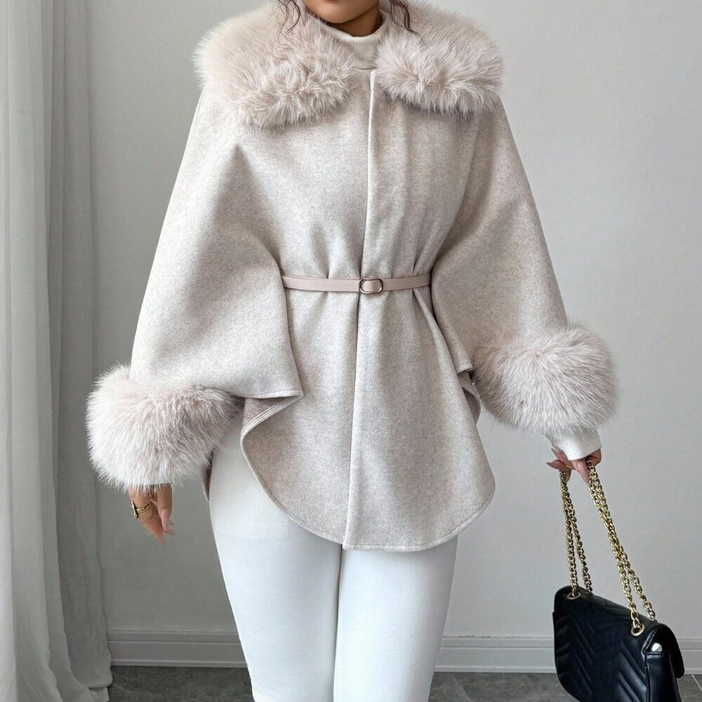 Apricot Elegant Women's Waist Cape with Faux Fur Collar - Picture 5 of 8